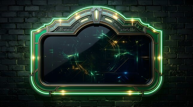 Ornate art deco mirror frame featuring vibrant glowing neon green border lights mounted elegantly against a textured dark charcoal brick wall background for modern interiors