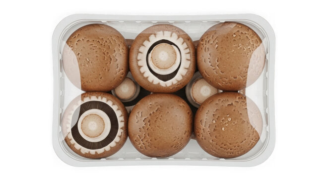 Six chocolate truffles with cocoa dusting in clear plastic tray. Gourmet dessert assortment of bite-sized sweets ready for packaging.