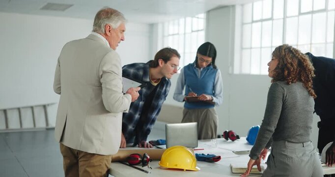 Architect, team or planning in office with blueprint, project scope or construction cost with laptop. Floor plan, architecture and people with tablet, design revision or point for budget decision