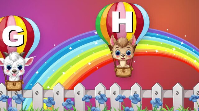 Animated Cartoon Animals in Hot Air Balloons with Alphabet Letters
