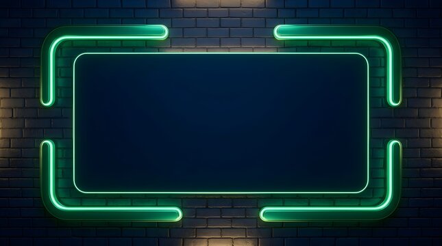 Vibrant green neon rectangular frame glowing against dark textured brick wall surface creates modern stylish backdrop perfect for digital advertisements or artistic custom text display presentations