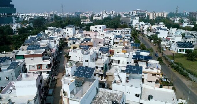 Aerial Drone View of Rooftop Solar Panels in Gujarat, India