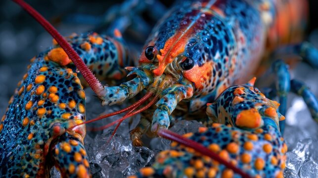 Close-up detailed image of vibrant blue and orange freshwater lobster on crushed ice showing textured shell and prominent antenna with bright natural colors