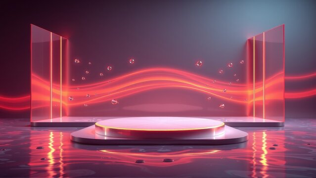 Futuristic stage setup. Glowing red lines form backdrop, platform reflects light. Dark environment creates dramatic presentation space.