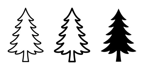 Obraz premium Evergreen Tree Icons: Outline and Silhouette, Pine, Fir, Spruce Vector Graphics for Nature and Winter Designs