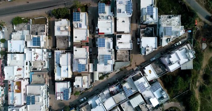 Aerial Drone View of Rooftop Solar Panels in Gujarat, India