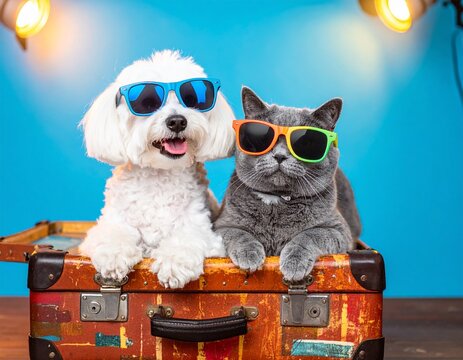 Stylish dog and cat duo wearing trendy sunglasses sitting together on a colorful suitcase ready for an exciting adventure against a vibrant blue studio background