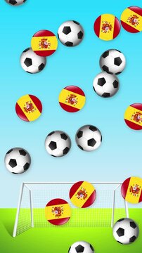 Falling Soccer Balls and Spain Flag Icons Over Goal Background