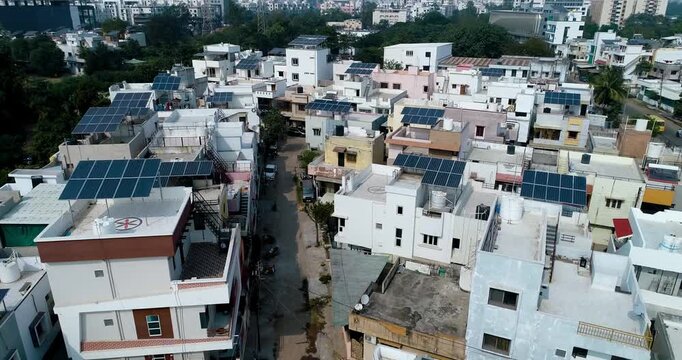 Aerial Drone View of Rooftop Solar Panels in Gujarat, India