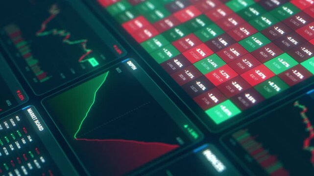 Trading terminal interface with a cryptocurrency candlestick charts, market board quotes and heatmap panels. Close up of a crypto and stock exchange dashboard with green and red price data
