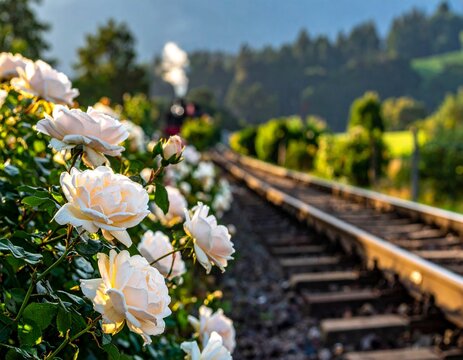 Scenic view of delicate roses blooming along train tracks bathed in warm golden light creating a serene and nostalgic atmosphere