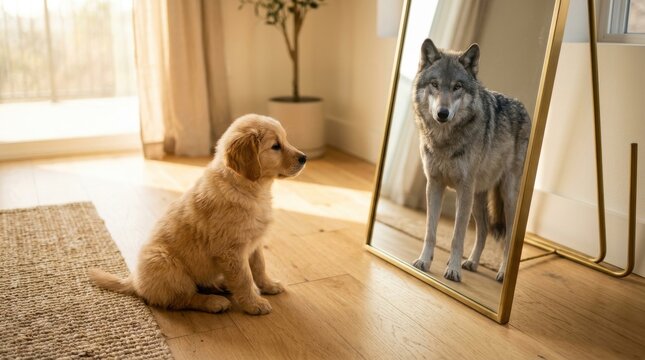 Cute Golden Retriever Puppy Looking at Its Reflection in a Mirror and Seeing a Wild Wolf Concept of Inner Strength and Hidden Potential in Sunlight