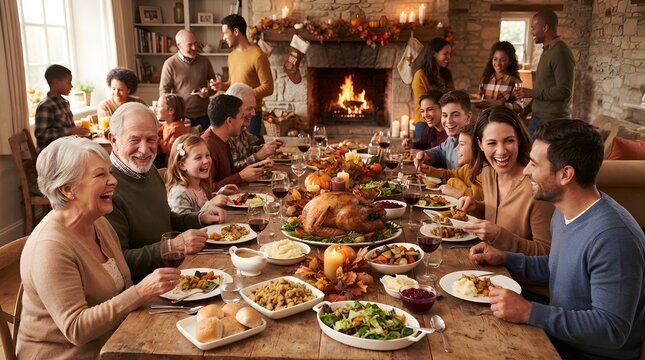 A large multi generational diverse family gathering around a festive dining table to celebrate a happy thanksgiving dinner with roasted turkey and traditional autumn food