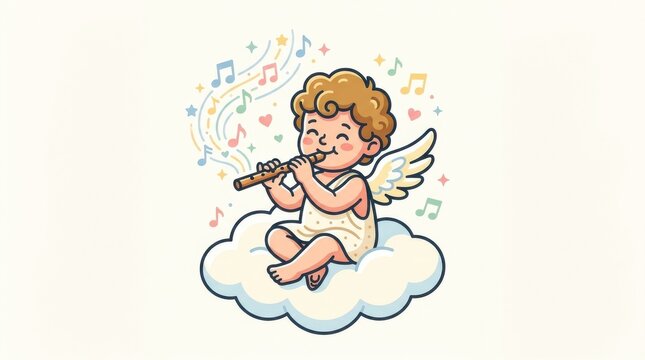 Cute Little Angel Baby Playing Flute On Cloud Vector Illustration With Colorful Musical Notes And Stars For Romantic Celebration And Decorative Design