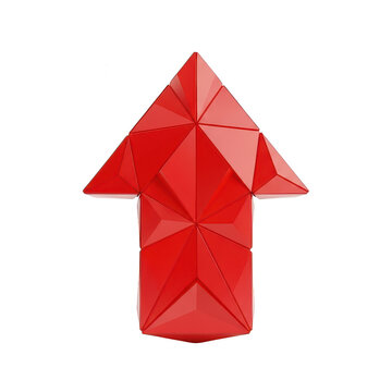 Red 3d faceted arrow pointing up isolated on transparent background