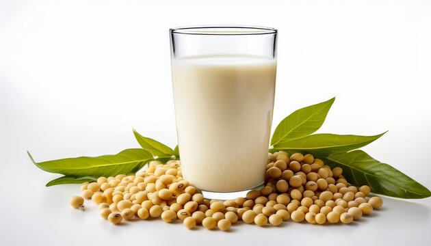 Soy Milk Displayed With Raw Soy Beans On A White Background