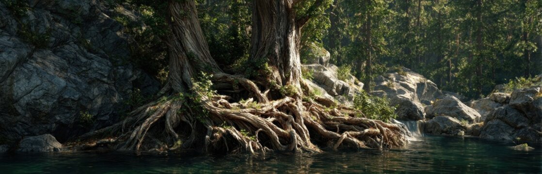 Ancient trees with exposed roots at waters edge in forest landscape