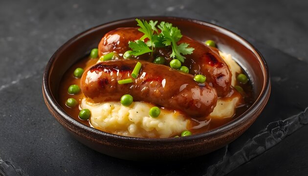 Bangers and Mash Sausage with Mashed Potatoes Gravy and Peas