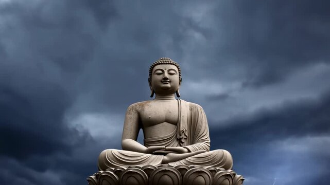 Stone statue of buddha sitting in meditation position under dark stormy clouds spirituality religion buddhism sculpture