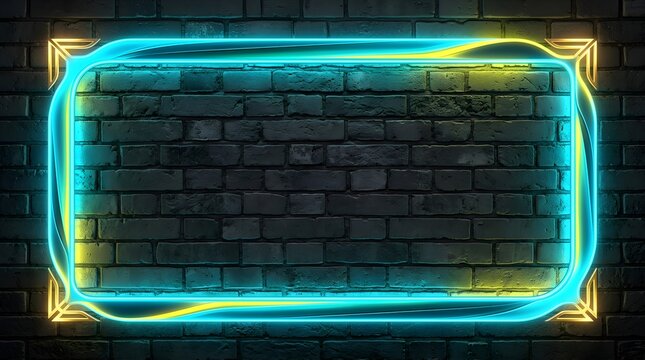 Radiant glowing neon frame featuring bright cyan and yellow light tubes mounted against a dark rustic textured brick wall for modern digital display background design