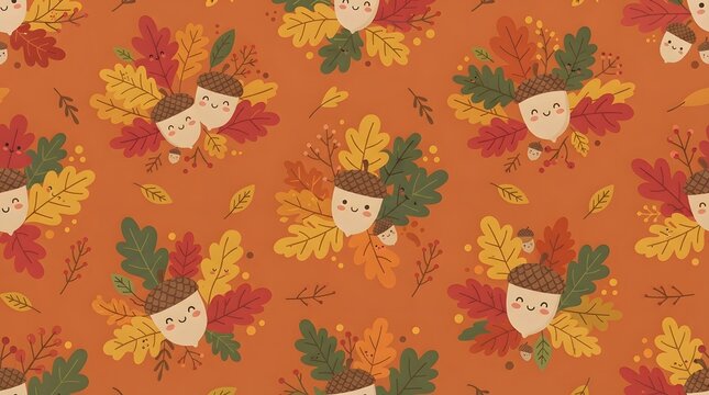A festive seamless pattern featuring cute cartoon acorns and colorful autumn leaves on an orange background perfect for a creative and happy thanksgiving holiday design