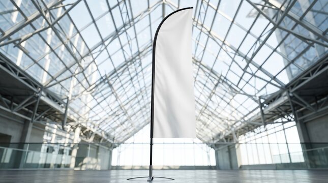 tall feather flag banner glass atrium