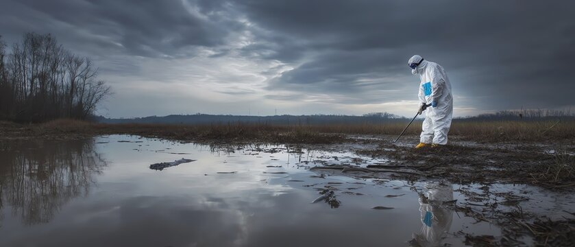 Scientist examines polluted water landscape.