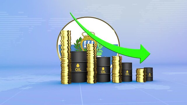 San Marino Oil Prices Decline with Oil Barrels, Gold Coins and Downward Green Arrow, 3D Economic and Financial Market Concept