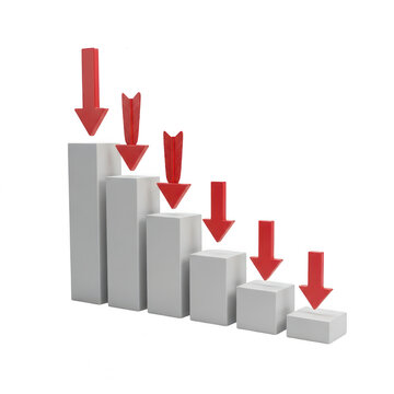 Bar chart with red downward arrows showing financial decline isolated on transparent background