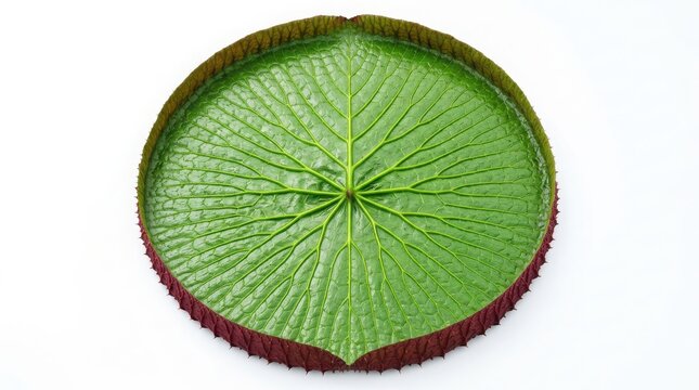 A single large circular leaf of the victoria amazonica giant water lily, showing detailed veins and a reddish serrated edge on white background