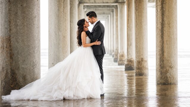 Bride and groom embracing among classical stone columns