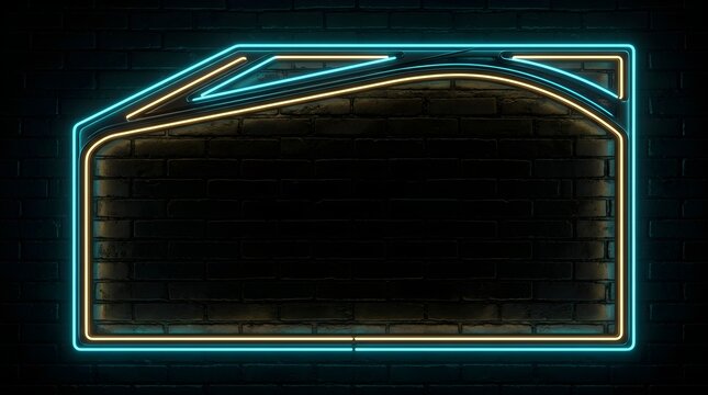 Glowing neon frame with intricate blue and yellow electric light pipes mounted on a dark textured brick wall provides a vibrant centerpiece for modern signage