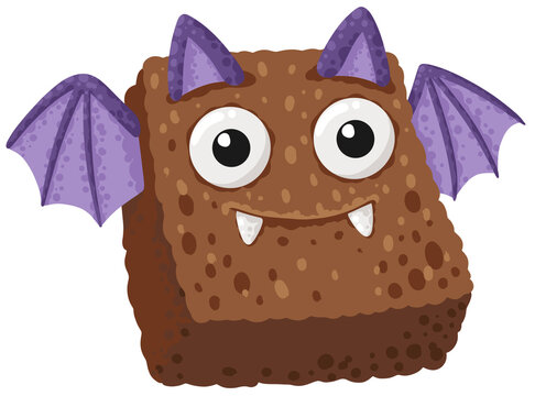 Cute bat brownie cake monster smiling with purple wings and vampire fangs