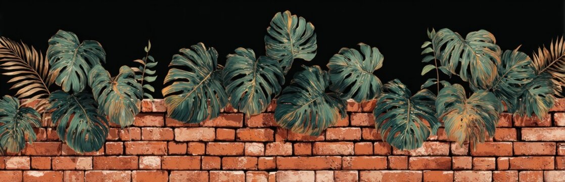 Brick wall with tropical leaves and foliage against a black background composition