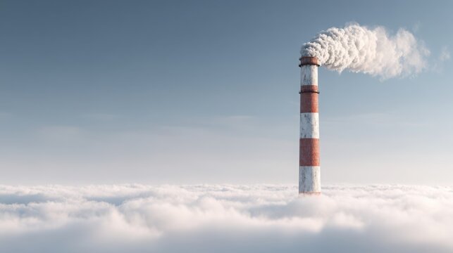 Industrial smokestack rises high above a dense layer of white clouds under a clear blue sky.
