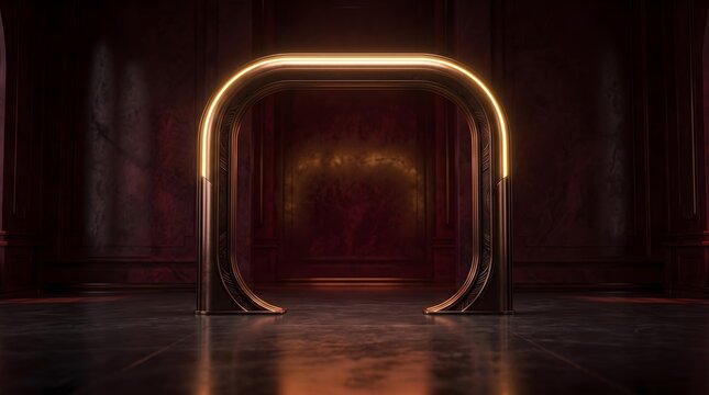 Glowing golden archway structure with modern rounded edges stands centered inside a dark moody room featuring rich maroon textured walls and highly polished reflective dark flooring
