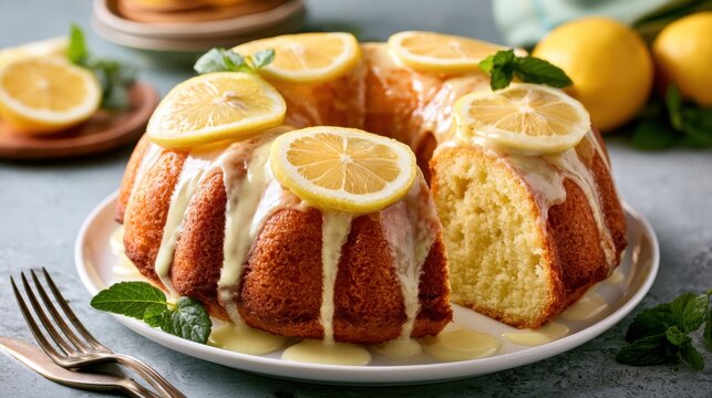 Freshly baked lemon bundt cake with creamy glaze and lemon slices served on white plate with fresh lemon and mint leaves on table background