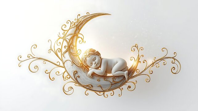 Crescent moon with sleeping cat silhouette