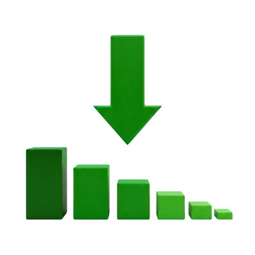Green bar chart showing a downward trend with an arrow isolated on transparent background