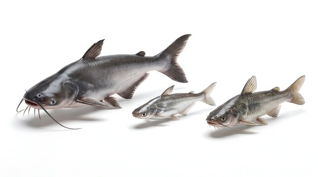 Three different sizes of freshwater catfish isolated on a white background.