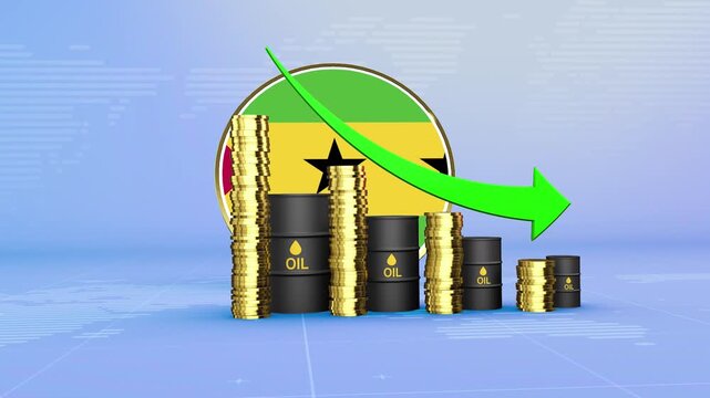Sao Tome and Principe Oil Prices Decline with Oil Barrels, Gold Coins and Downward Green Arrow, 3D Economic and Financial Market Concept