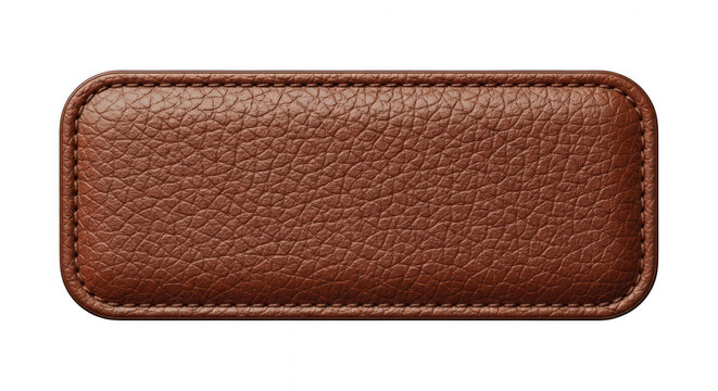 Brown leather rectangular label with stitched border isolated on transparent background
