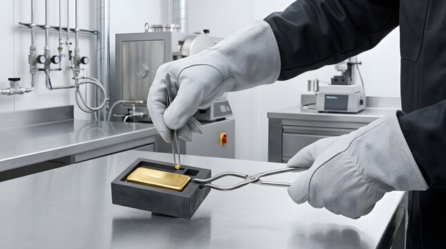 Technician in Protective Gloves Handling Gold Bar with Tongs and Tweezers in Laboratory