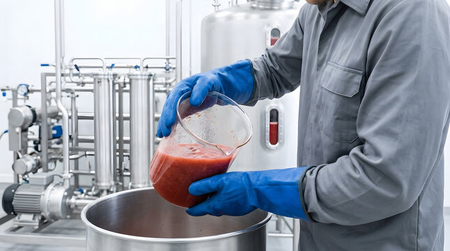 Factory Worker in Blue Gloves Pouring Red Strawberry Puree into Stainless Steel Tank