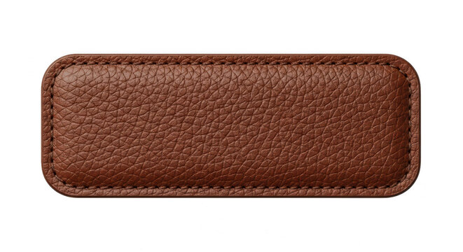 Brown leather rectangular label with stitched border isolated on transparent background