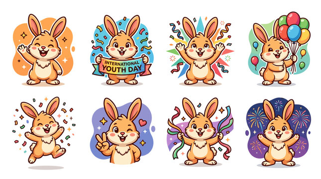 Cute International Youth Day Celebration Bunny Sticker Collection