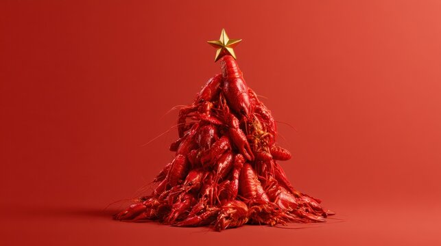 Creative holiday tree made from bright red cooked crustacean seafood stacked in cone shape with golden star on top against vibrant red background