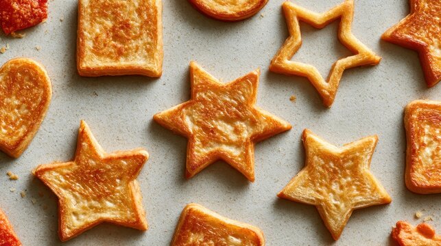 Crispy golden brown bread toast in star heart square and circle shapes arranged on light background ready to serve and eat snack breakfast