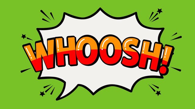 Animated video footage featuring a bold Whoosh comic speech bubble on a green background
