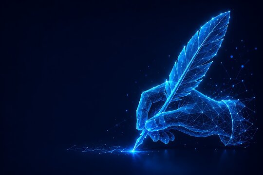 Hand holding glowing digital quill pen writing on dark abstract background with particle light effect hologram particle abstract creative technology innovation connection calligraphy
